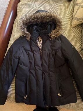 Calvin Klein Black Quilted Puffer Jacket with Faux Fur Hood